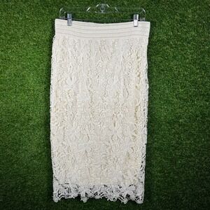 Lara Fashion Cream Floral Lace Midi Skirt Scalloped Hem Elastic Waist Size L